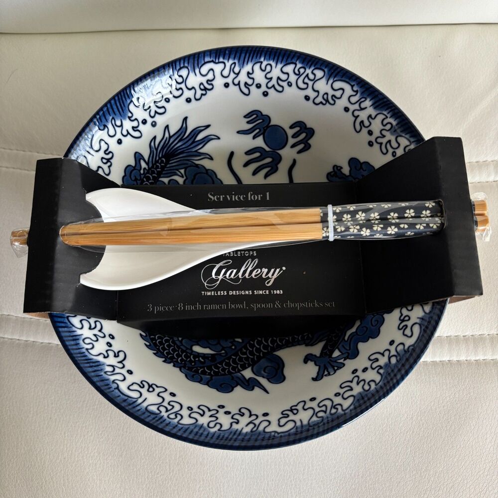 Tabletops Gallery Blue/White Dragon 8" Ramen Bowl Spoon Chopsticks 3 Pc Set